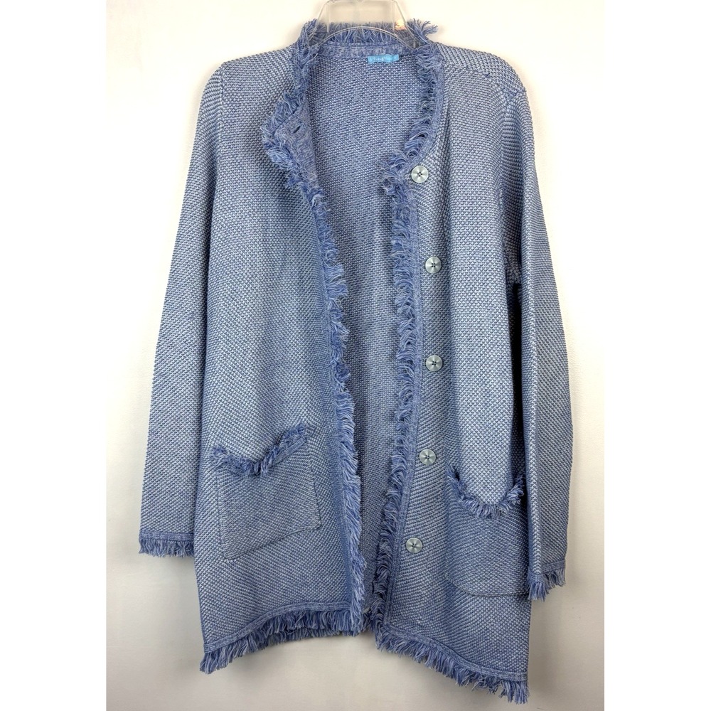 J McLaughlin Cardigan Jacket Sweater Womens Medium Blue Knit Fringe Button Layer